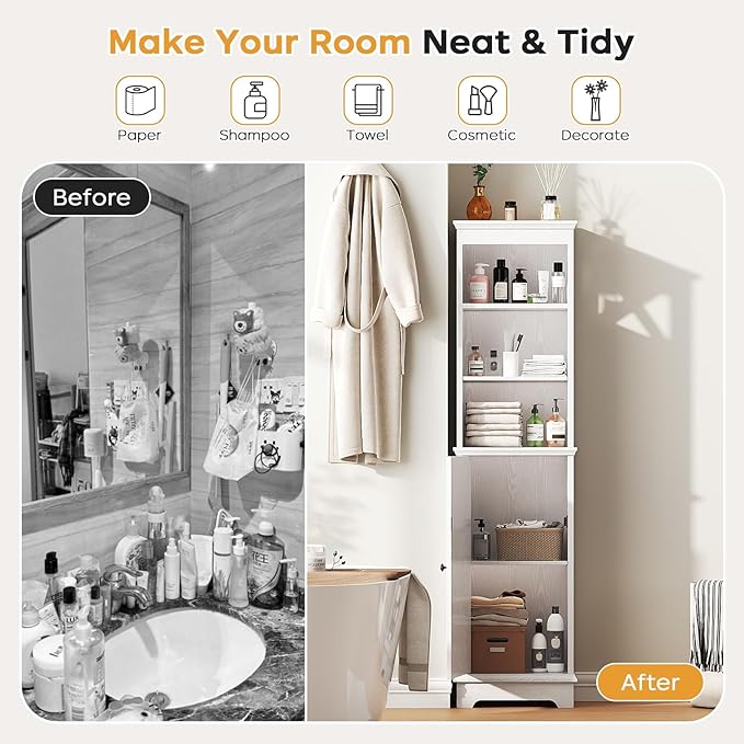 Viroformo Narrow Bathroom Storage Cabinet with Door and Open Adjustable Shelves, 60.9" H Wooden Tall Tower Corner Farmhouse Cabinet, Freestanding Organizer for Kitchen, Entryway White