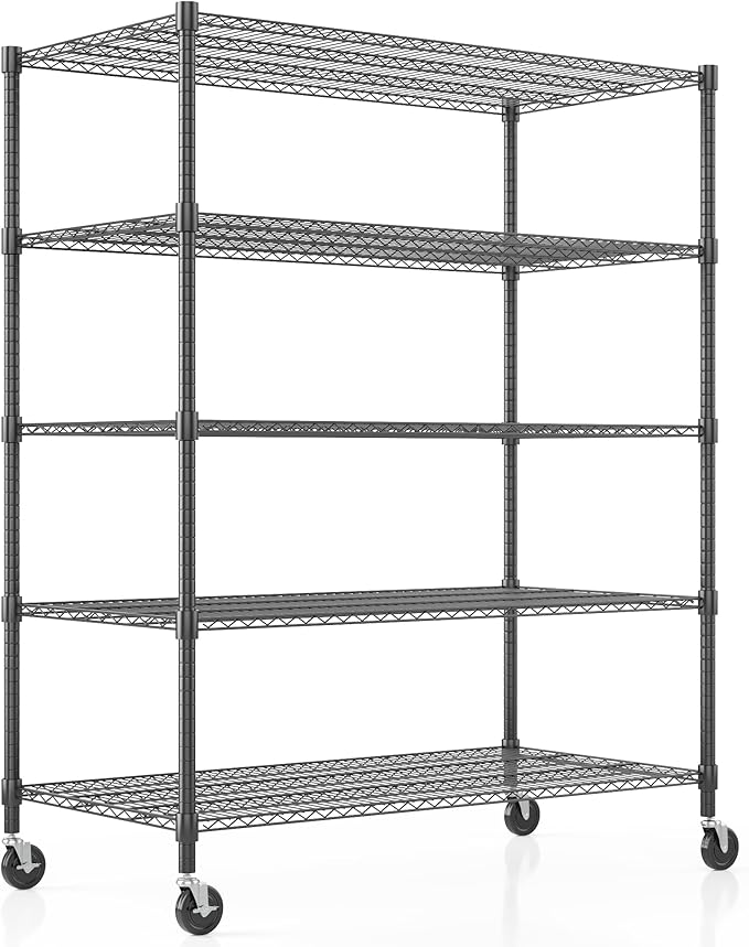 Homdox Heavy Duty Storage Shelves, 5 Tier Wire Shelving Unit with Wheels, Commercial Adjustable Metal Shelves for Storage, Garage Rack Pantry Shelves Kitchen Shelving, 24"x48"x82", Black