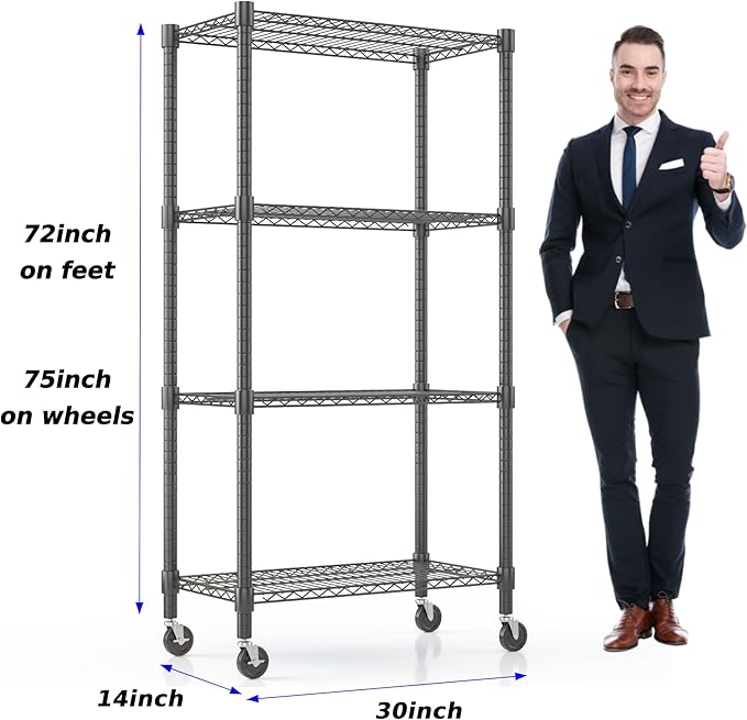 Homdox Heavy Duty Storage Shelves, 4 Tier Wire Shelving Unit with Wheels, Commercial Adjustable Metal Shelves for Storage, Garage Rack Pantry Shelves Kitchen Shelving, 14"x30"x72", Black