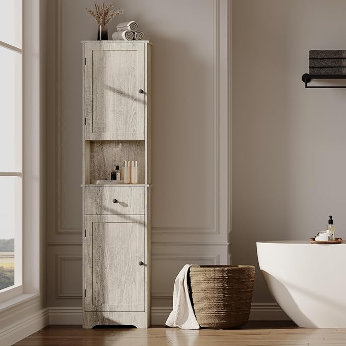 Viaozutis Tall Bathroom Cabinet, Storage Cabinet with 2 Doors & 2Drawer, with Ajustable Shelve, for Bathrooms, Kitchens,Entrances,Bedrooms（Grey）