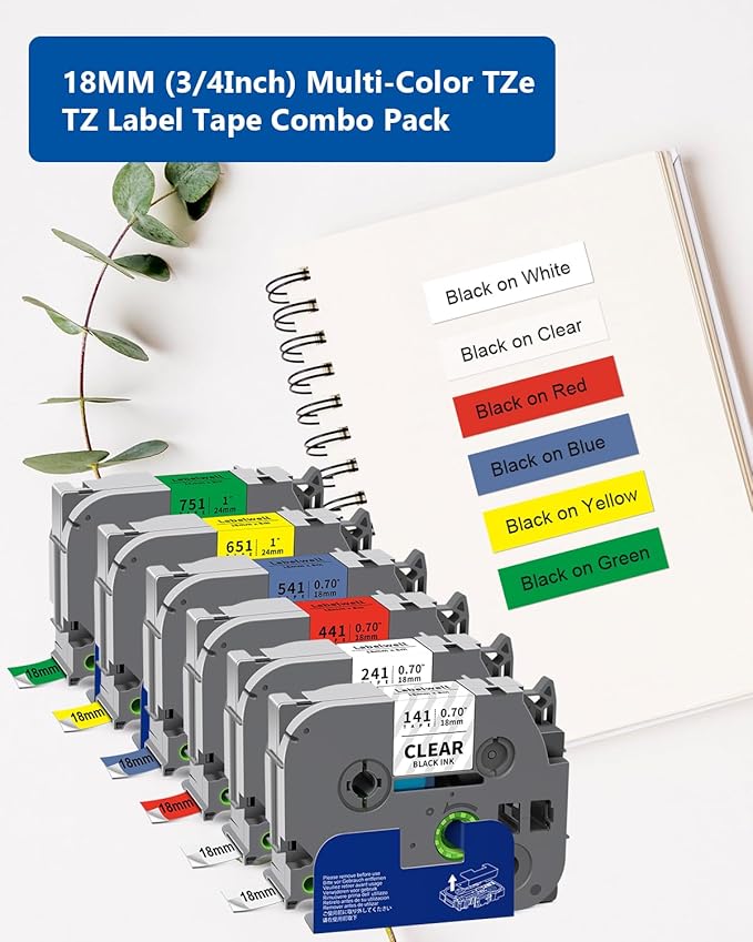Labelwell 6-Pack TZ 18mm 0.7 Inch Laminated Multi Color Compatible for P Touch Label Tape TZe-141 241 441 541 641 741 for Ptouch PT-D400 PTD410 D610BT D600, Clear/White/Red/Blue/Yellow/Green