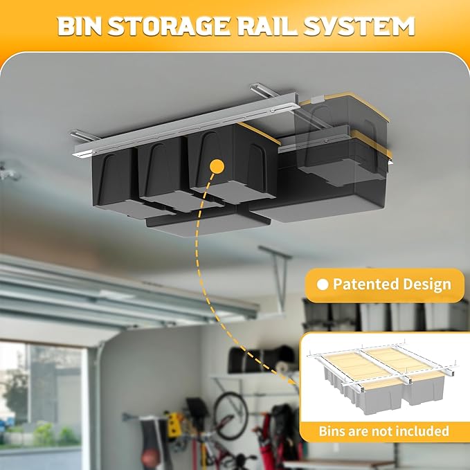 WALMANN Overhead Tote Storage Rail System, Garage Ceiling Bin Storage Rack Heavy Duty Adjustable Tote Slide Rails(White, Bins not Included)