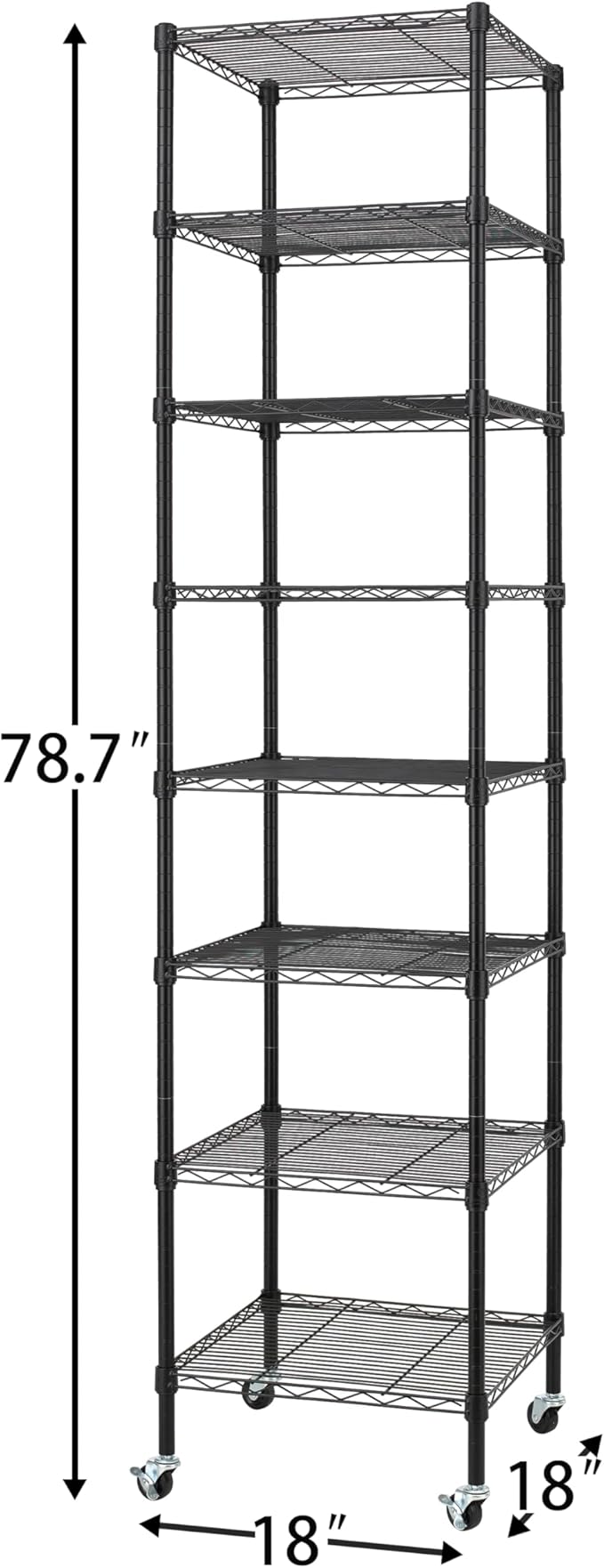 Finnhomy Heavy Duty 8 Tier Wire Shelving with Wheels 18x18x78.7-inches 8 Shelves Metal Storage Rack Thicken Steel Tube, Pantry Shelves for Storage, Adjustable Shelving Unit, NSF Certified, Black