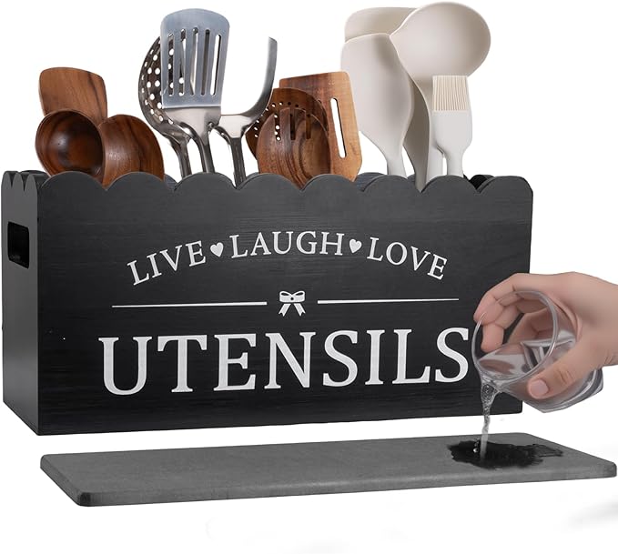 ZhiiYuanStore Extra Large Kitchen Utensil Holder – 4-Compartment Wooden Utensil Organizer for Kitchen Counter, Rustic Farmhouse Black Décor & Accessories, Cooking Utensil Storage（black）