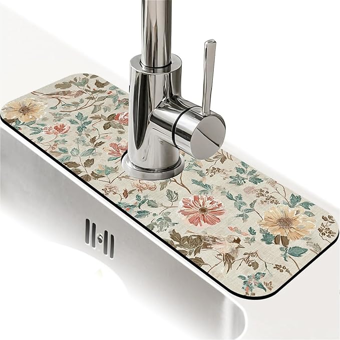 Kitchen Sink Splash Guard，Charming flowers Faucet Mat Sink Gadgets-Super Absorbent Fast Drying Mat Drip Catcher for Kitchen, Bathroom,Sink Mat, Dish Drying Mat, Bathroom(15" X 5.5" )
