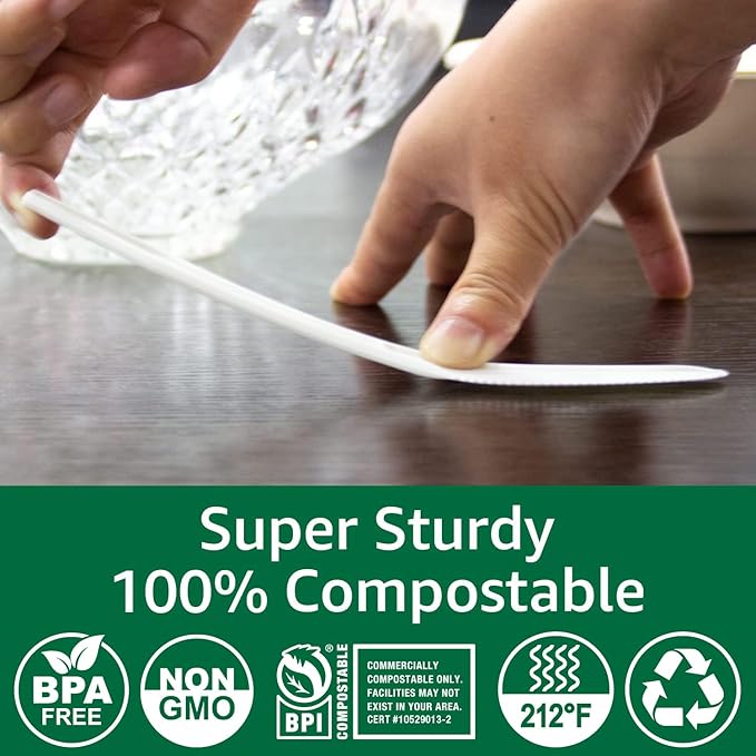 BIOCEAN 100% Compostable No Plastic Knives Plastic Forks Plastic Spoons Plastic Utensils, The Heavyweight Heavy Duty Flatware is Eco Friendly Products for Lounge Party Wedding BBQ Picnic Camping.
