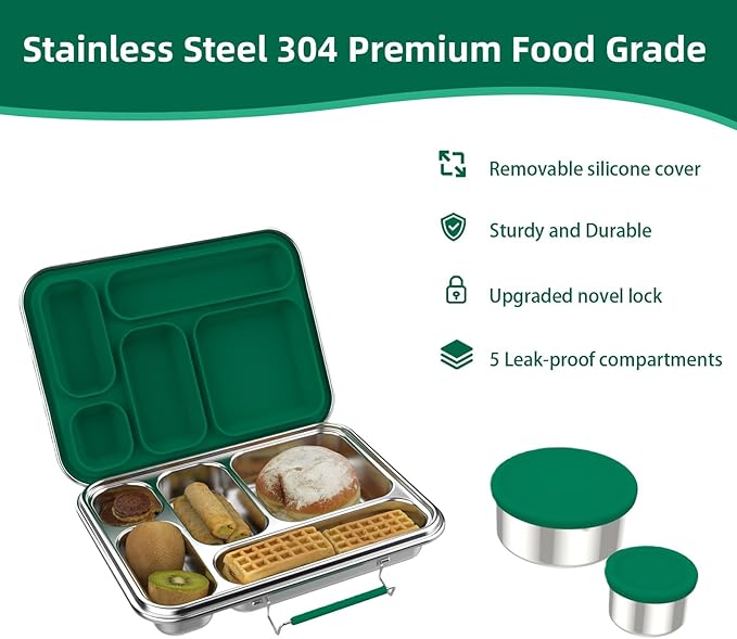 Stainless Steel Bento Box for Adults,31.6 oz Leakproof 5-Compartments Stainless Steel Bento Containers, Metal Lunch Box with 2 Container, Dishwasher Safe, Design for Office,Outdoor, BPA-Free Green