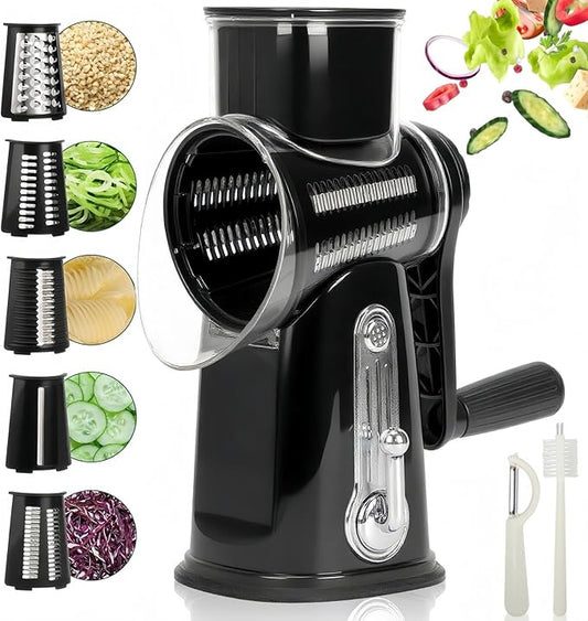 CHDEXU Rotary Cheese Grater with Handle, Manual Vegetable Slicer Grater with 5 Detachable Stainless Steel Blades, Round Grater Slicer Hand Crank Food Chopper for Kitchen with Blade Storage Box