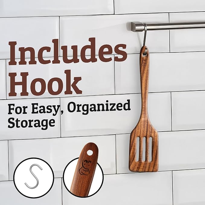 PriorityChef Teak Wooden Slotted Turner - Nonstick-Safe Cooking Spatula for Flipping, Stirring & Serving, Handcrafted from Single Block of Wood, Durable & Easy to Clean