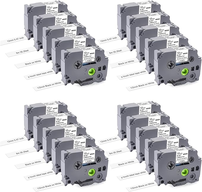 20 Pack TZe-231 Label Tape White, Compatible for Brother P Touch Label Maker PTD220 PTD210 PTH110, 12mm 0.47 Laminated Tape for Indoor/Outdoor Use, Black on White, Water Resistant, No Jamming