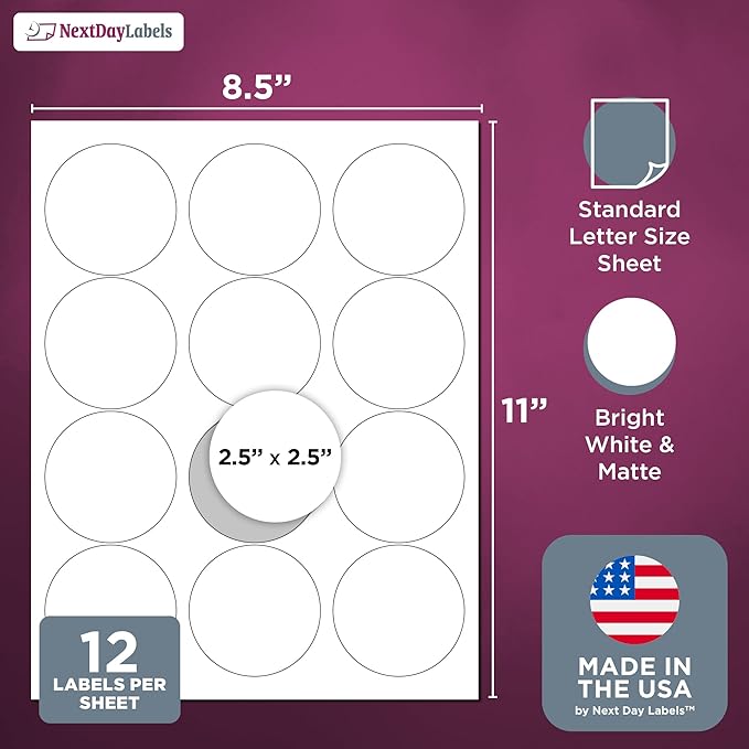 NextDayLabels 2.5 Inch Round Circle Stickers White Blank Labels for Laser Inkjet Printer - 12 Per Sheet Self-Adhesive Product Packaging Logo Made in USA - 3000 Labels
