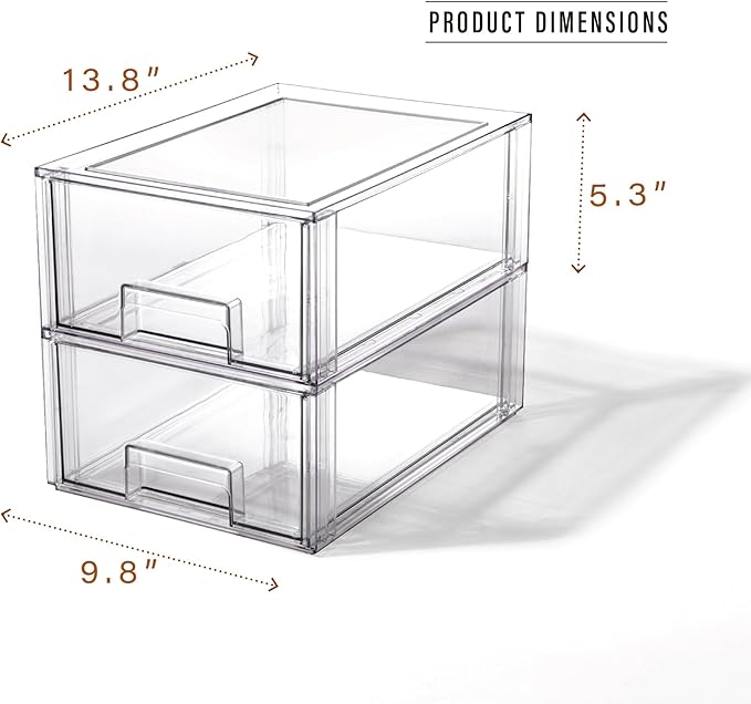 BINO | Stackable Storage Drawers, Large - 2 Pack, Clear | THE CRATE COLLECTION | Storage Bins With Drawers | Bathroom Organizers | Under Sink Organizer | Vanity Cabinet Home Organization