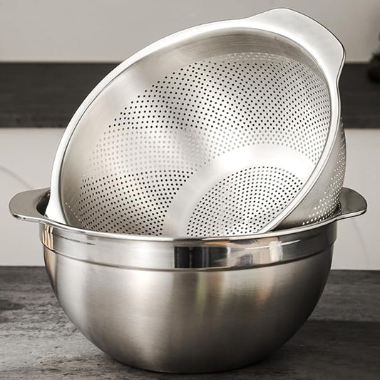 18/8 Stainless Steel Microwell Colander, 5QT Large Capacity with Handle Kitchen Food Strainer5QTColander+5QT Mixing bowl)