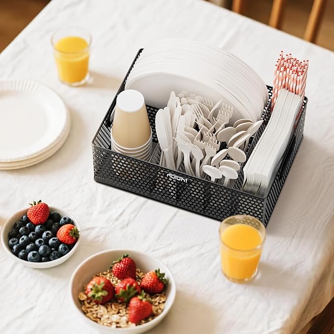 NUTUNI Paper Plate Organizer for Countertop, Perforated Metal Silverware Caddy for Plastic Spoon, Napkin, Utensils Holder with 6 Compartments for Party, Camping, Picnic