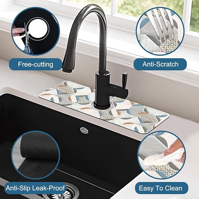 Ceramic Wall Tiles Sink Splash Guard Faucet Mat Moroccan Graphics Super Absorbent Fast Drying Mat Sink Gadgets-Splash Guard Behind Faucet Drip Catcher for Kitchen Bathroom, 15.5"x5.5"