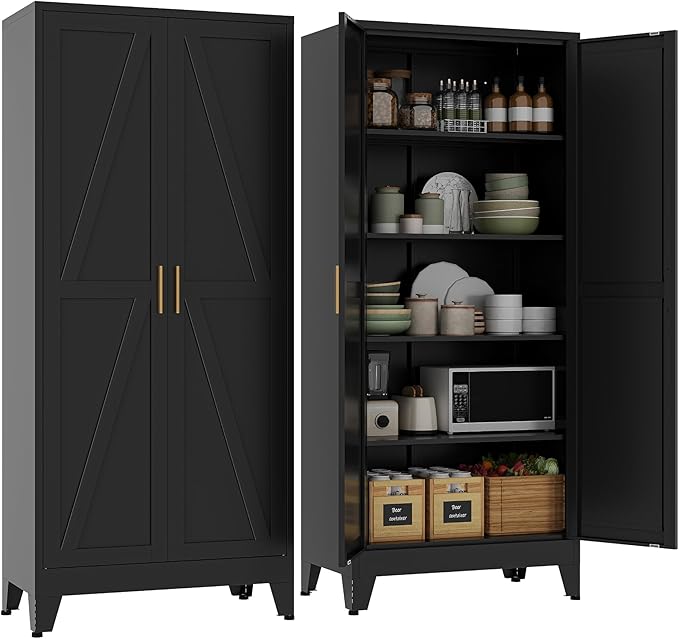 71''Metal Cabinet with 4 Adjustable Shelves,5-Tier Pantry Storage Cabinet,Kitchen Pantry Cabinet for Living Room,Dining Room, Black