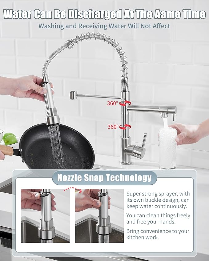 Kitchen Faucet with Soap Dispenser,Single Handle Faucet for Camper Farmhouse RV Kitchen Sink,Spring Kitchen Sink Faucets with Pull Down Sprayer and Deck Plate,Dual Function Spray Head,Brushed Nickel