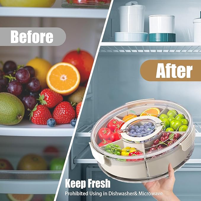 Snackle Box Container Divided Rotating Serving Tray with Lid and Handle, Portable for Fruits Snacks Veggie Charcuterie, Clear Snack Spinner Organizer and Fridge Storage Container for Trave and Picnic