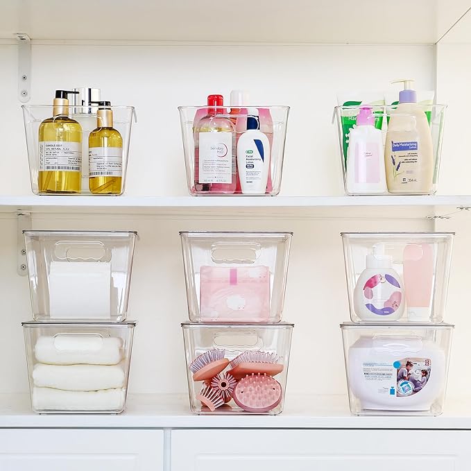 Vtopmart 4 Pack Clear Stackable Storage Bins with Lids, Large Plastic Containers with Handle for Pantry Organizer and Storage,Perfect for Kitchen,Fridge,Cabinet, Closet,Bathroom Organization