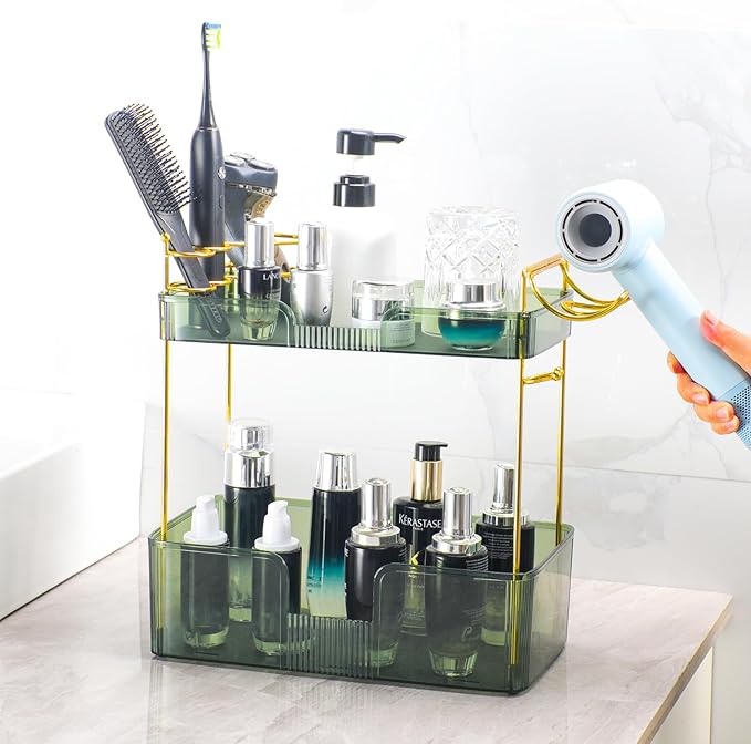 Akinbas 2 Tier Bathroom Organizer Countertop Makeup Perfume Tray Skincare Organizer Comes with Hair Dryer Rack and Toothbrush Holder for Bathroom Dresser Vanity (Green)