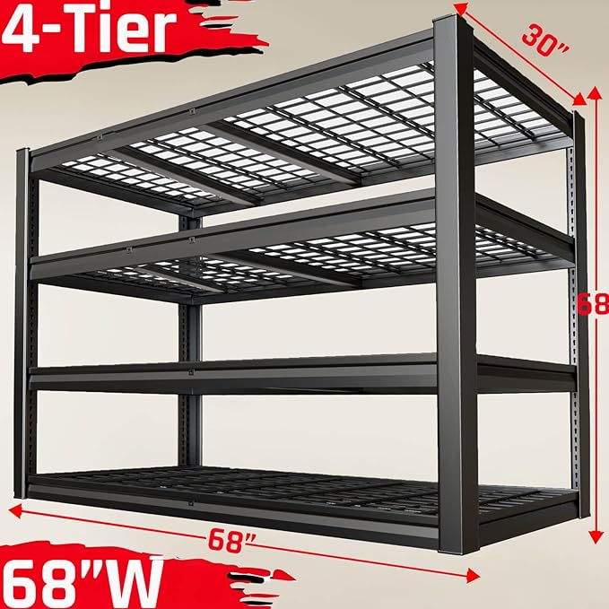 30" Deep Heavy Duty Garage Shelving Units, 68" Wide Storage Shelves, 4 -Tier Metal Garage Shelves,Large Storage Rack,Industrial Shelving for Shop, 68" W x 30" D x 68" H