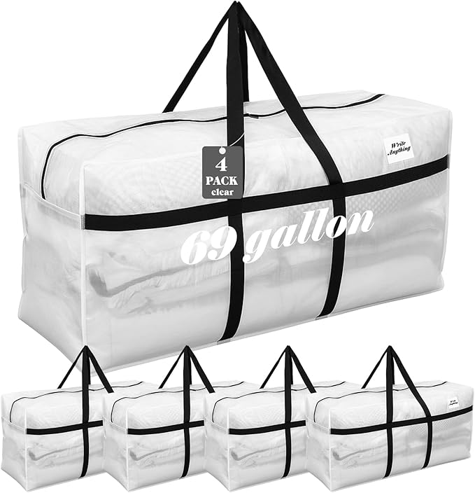 Windyun 4 Pack 69 Gallon Extra Large Moving Bags XXL Heavy Duty Storage Bag with Strong Zipper Handle Jumbo Big Tote Box Foldable for College Dorm Travel Clothes Duffle Blanket Pillow(Transparent)