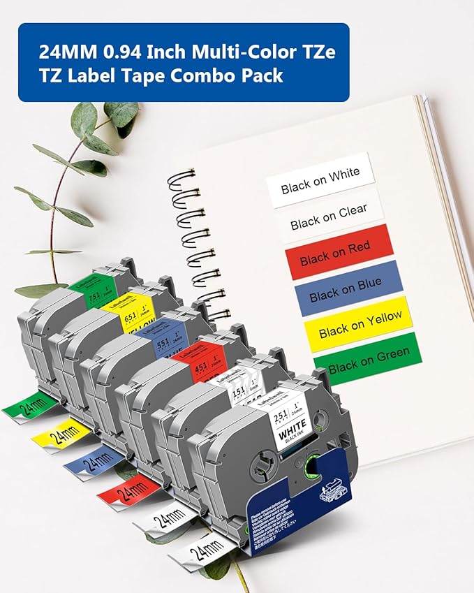 Labelwell 6-Pack TZe 24mm 0.94" Laminated Compatible for P Touch 1 Inch TZ Label Tape TZe-151 251 451 551 651 751 for Ptouch PT-D600 P700D 410 D610BT P710BT, Clear/White/Red/Blue/Yellow/Green