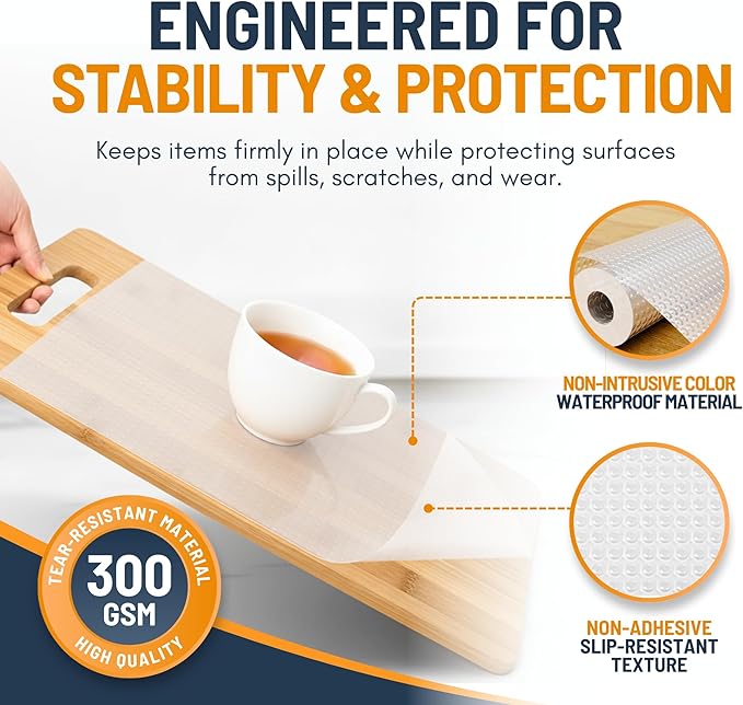 Shelf Liner Drawer Liner for Kitchen Cabinets Non-Adhesive by Linda’s Essentials (17.7 x 240 Inches) - Non-Slip Easy Clean Kitchen Cabinet and Cupboard Protector, Waterproof Mat, Clear Roll