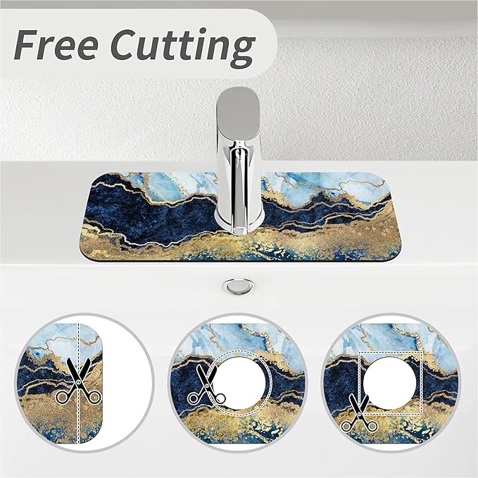 Kitchen Sink Splash Guard，Blue white black and gold marble Faucet Mat Sink Gadgets-Super Absorbent Fast Drying Mat Drip Catcher for Kitchen, Bathroom,Sink Mat, Dish Drying Mat, Bathroom(15" X 5.5" )