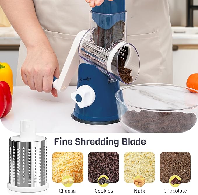 Nexsujo Rotary Cheese Grater Hand Crank, 3 Blades Slicer Shredder, Cheese Grater for Kitchen, Multi-Functional Kitchen Tool for Vegetables, Nuts, Chocolate, with Strong Suction Base, Dark Blue