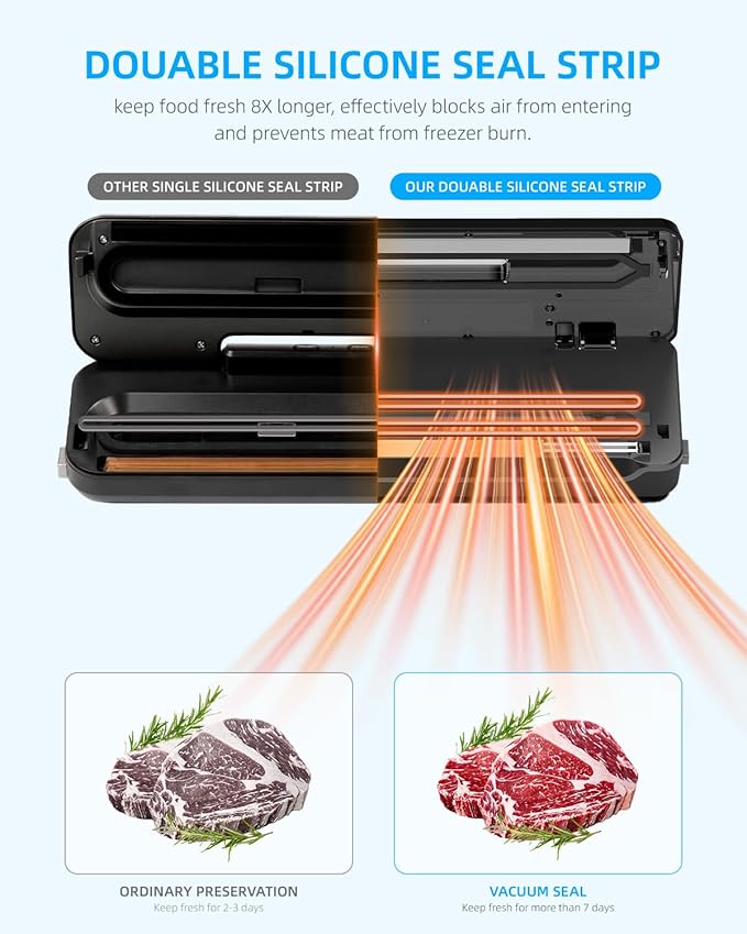 Vacuum Sealer Strong Vacuum Sealer with 6 Modes, Vacumm Sealer with Removable Drip Tray, Cutting Blade and Two Heating Wires