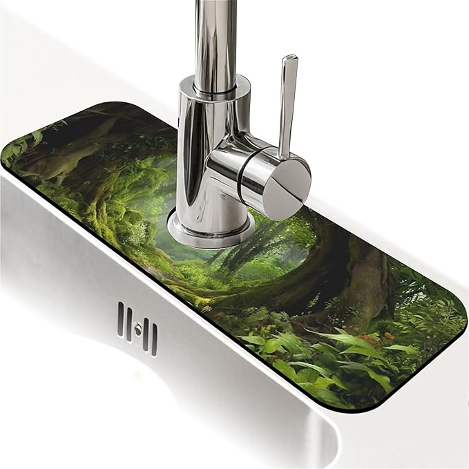 Kitchen Sink Splash Guard，lush green forest Faucet Mat Sink Gadgets-Super Absorbent Fast Drying Mat Drip Catcher for Kitchen, Bathroom,Sink Mat, Dish Drying Mat, Bathroom(15" X 5.5" )
