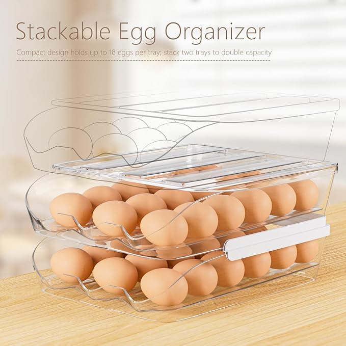 Proarea Egg Holder for Fridge 36 Capacity Automatic Rolling Egg Organizer for Refrigerator, Clear Stackable Container for Kitchen or Pantry Storage 2 Pack