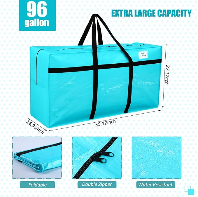 4 Pcs 96 Gallon Extra Large Moving Bags Heavy Duty Storage Bag with Strong Zipper Handle Foldable XXL Jumbo Storage Tote Packing Moving Box for College Dorm Travel Cloth Duffle (Lake Blue)