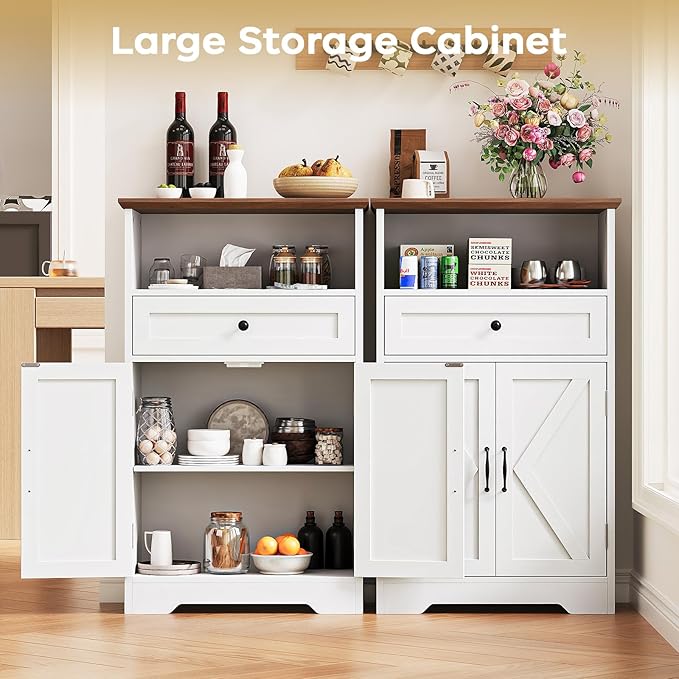 Viroformo Floor Cabinet, Farmhouse Storage Cabinet with Barn Doors and Drawer, 11.81" D x 23.62" W x 39.37" H White Freestanding Adjustable Shelf Organizer for Bathroom, Kitchen, Living Room