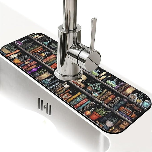 Kitchen Sink Splash Guard，Fantasy bookshelf Faucet Mat Sink Gadgets-Super Absorbent Fast Drying Mat Drip Catcher for Kitchen, Bathroom,Sink Mat, Dish Drying Mat, Bathroom(15" X 5.5" )