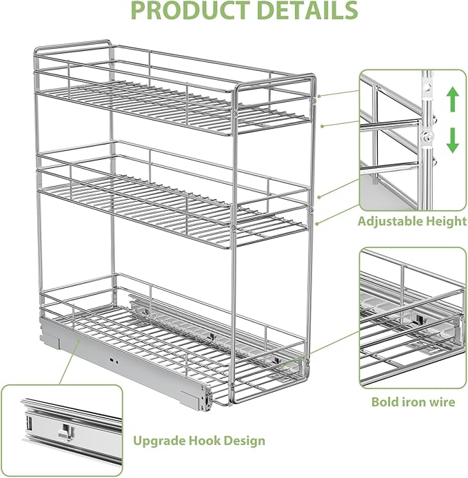 Pull Out Spice Rack Cabinet Organizer 8½" W x 20½" D, 3 Tier Heavy Duty Sliding Spice Cabinet Organization for Narrow Cabinet, Pull Out Shelves for Kitchen