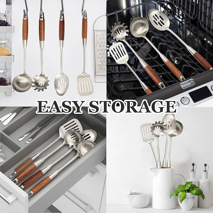 Barenthal Cooking Utensil Set - 304 Stainless Steel Kitchen Utensils Sets with Wood Handle Cookware Set Utensils kitchen tool set Dishwasher Safe- Slotted Spatula, Pasta, Spoon, Soup Ladle Set 4pc