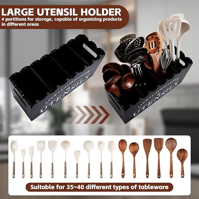 ZhiiYuanStore Extra Large Kitchen Utensil Holder – 4-Compartment Wooden Utensil Organizer for Kitchen Counter, Rustic Farmhouse Black Décor & Accessories, Cooking Utensil Storage（black）