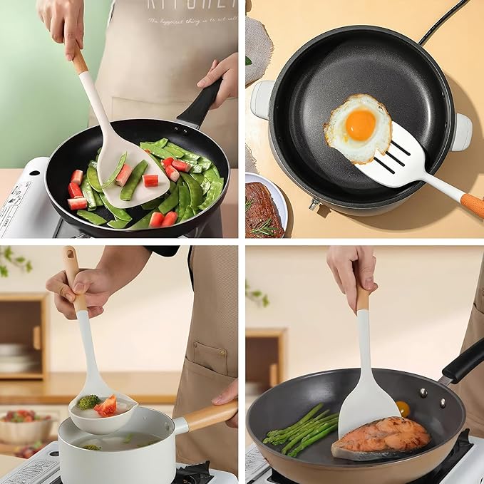 IOCBYHZ Silicone Cooking Utensils Set 5 Pcs Large Non-Stick Kitchen Utensils Set, Wooden Handle Heat Resistance Turner Soup Ladle Spoon Silicone Cooking Kitchen Gadgets BPA Free for Nonstick Cookware