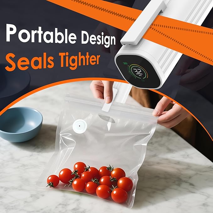 Compact Vacuum Sealer for Food (Contains 30 Reusable Seal Bags) Featuring LED Pressure Display, Ultimate Suction Power, Handheld Vacuum Sealer Machine, Portable Food Sealer