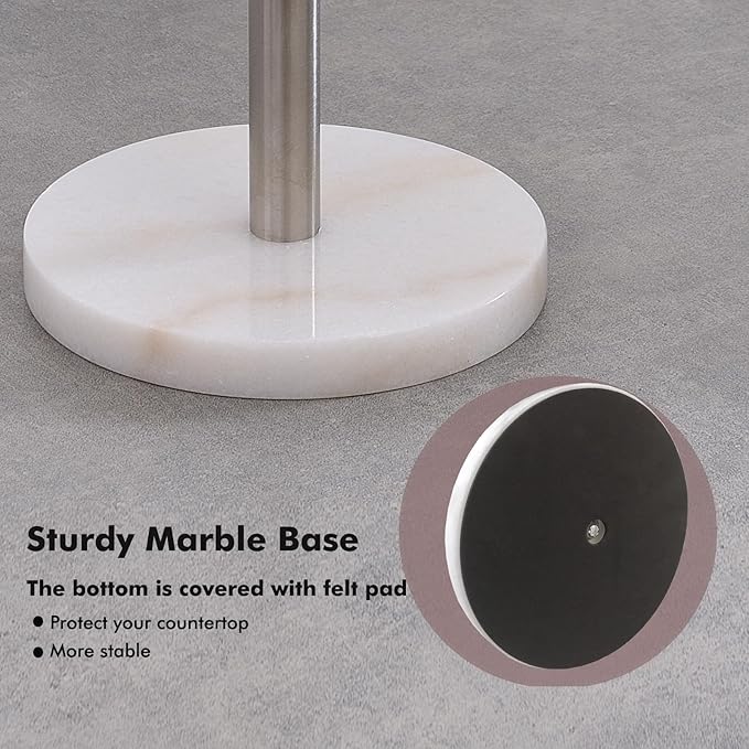 Paper Towel Holder Countertop, Standing Paper Towel Roll Holder for Kitchen Bathroom, with Weighted Base for One-Handed Operation (Marble Base, Brushed Nickel)