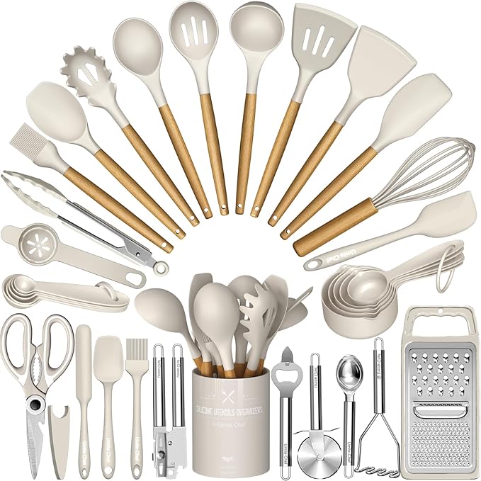 Cooking Utensils Set- Umite Chef Khaki Silicone Kitchen Utensils Set, 34PCS Heat Resistant Kitchen Gadgets Tools Set with Grater, Wooden Handle Kitchen Spatula Set for Nonstick Cookware