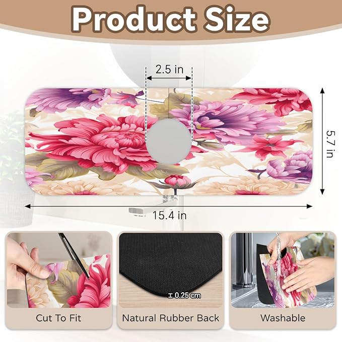 Floral Symphony In Cream Kitchen Faucet Mat Splash Guard, 15.4”x5.7” Absorbent Quick Drying Sink Mat for Countertop Protection, Draining Mat Sink Protectors For Kitchen Bathroom, 2 Pack