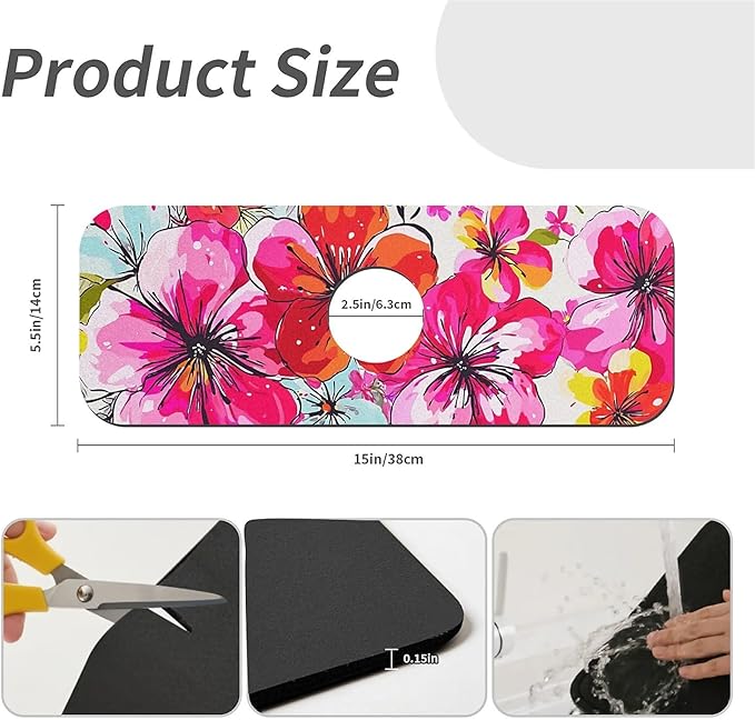 Kitchen Sink Splash Guard，Colorful fantastical flowers Faucet Mat Sink Gadgets-Super Absorbent Fast Drying Mat Drip Catcher for Kitchen, Bathroom,Sink Mat, Dish Drying Mat, Bathroom(15" X 5.5" )