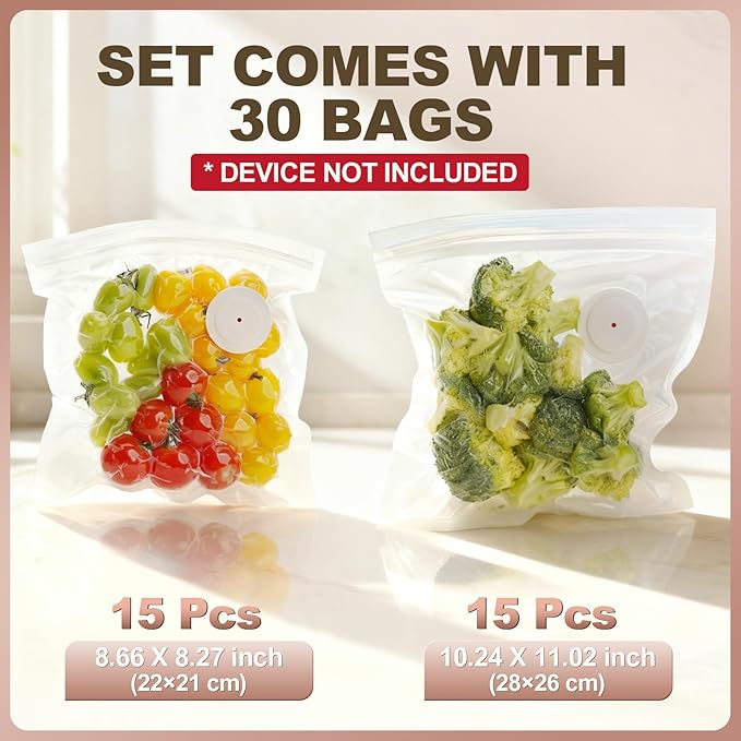 Reusable Vacuum Sealer Bags for Food: 30Pcs BPA-Free Reusable Vacuum Seal Bags with Air Valve & 2 Seal Clips, Plastic Clear Freezer Safe Vacuum Food Storage Bags, Microwaveable Seal Bags for Kitchen