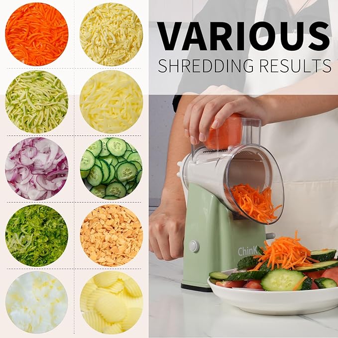 ChinKc Upgrade Rotary Cheese Grater Shredder with Handle, Strong Suction Base, Multi-purpose Rotary Grater Slicer with 5 Interchangeable Blades for Ice, Vegetables, Fruit, Nuts with Blade Storage Box
