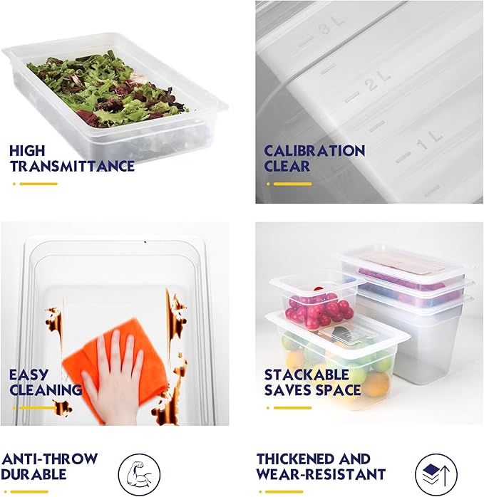 BIEAMA 6 Pack 1/3 Size 4'' Deep Food Pans with Lids, Translucent Polypropylene, BPA-free, Commercial Stackable Freezer-safe Storage for Restaurants, Buffets