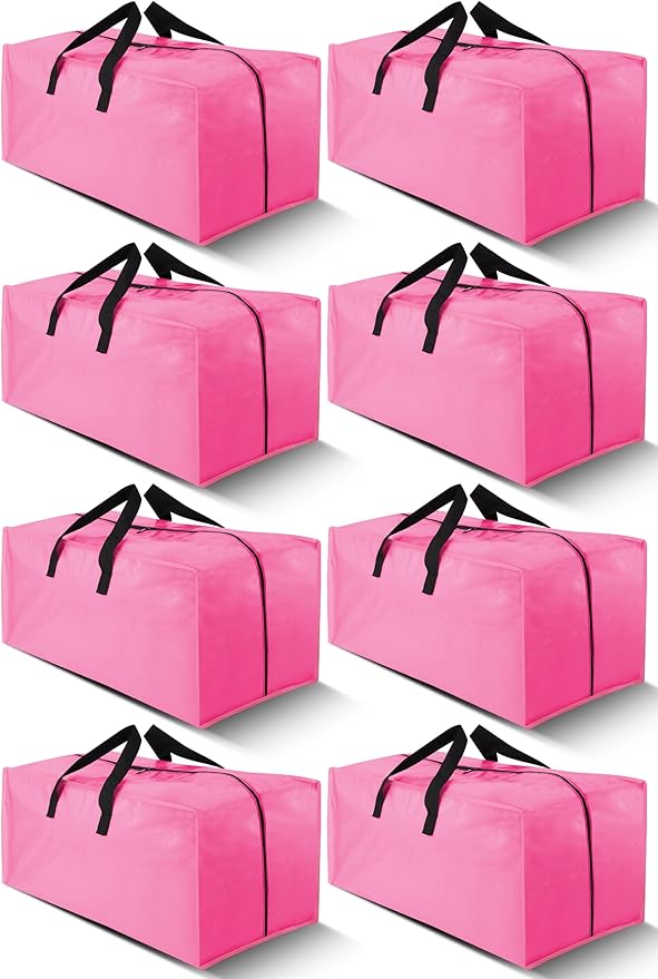 Cosy Family 8 Pack Heavy Duty Extra Large Moving Bags with Backpack Straps - Strong Handles & Zippers, Storage Totes For Space Saving, Fold Flat, Alternative to Moving Box, Pink