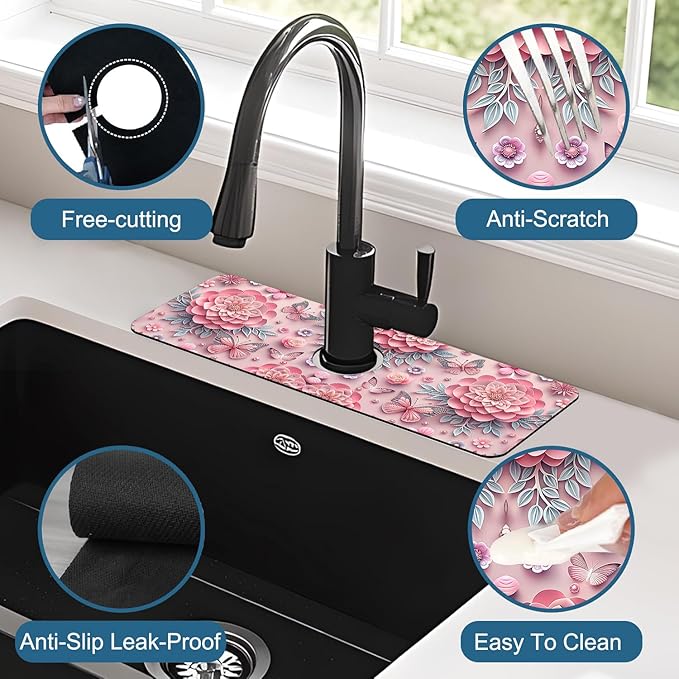 Pink Floral Sink Faucet Absorbing Mat Flower Butterfly Super Absorbent Fast Drying Mat Sink Gadgets Behind Faucet Sinkmat for Kitchen Bathroom, 15.5"x5.5"